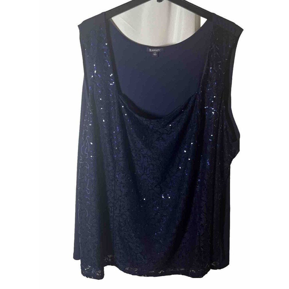 Romans Navy Blue Women’s Plus Sequin Lace Top Dress Tank Size 44W Formal
